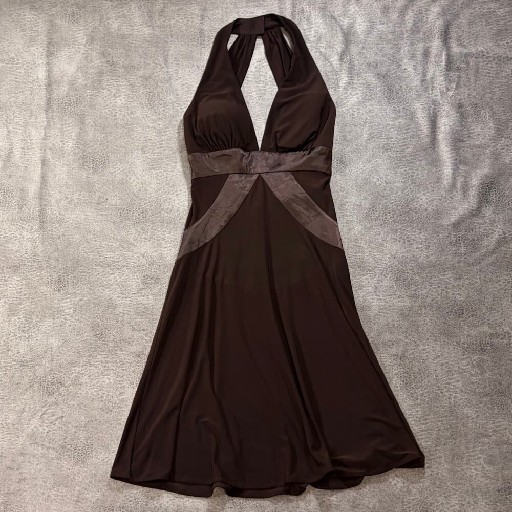 Vintage Brown Halter Plunge Mini Dress